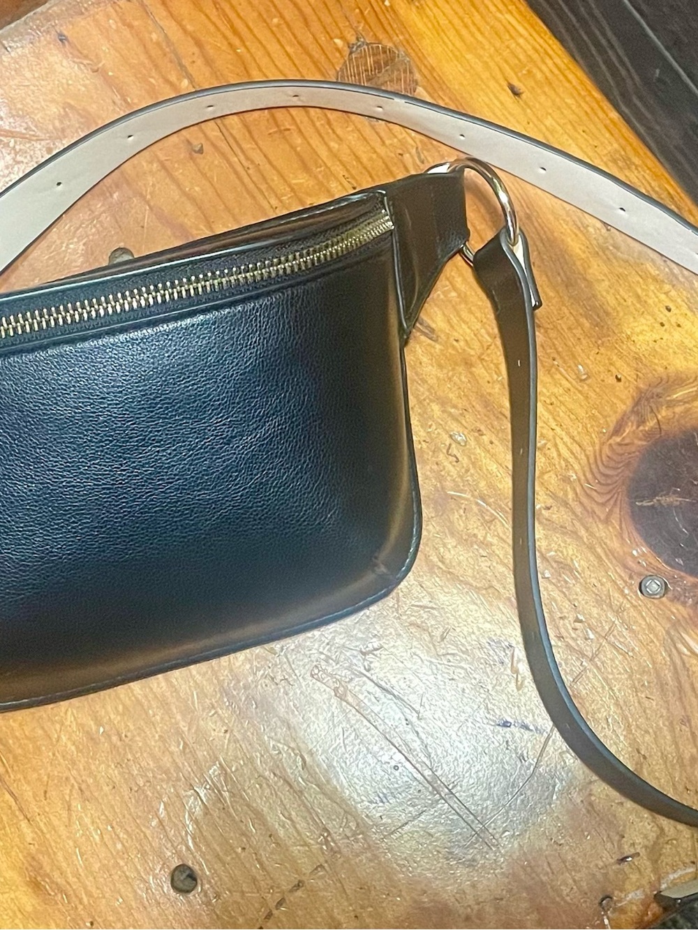 Black Faux Leather Fanny Pack Bag with Gold Zipper and Accents